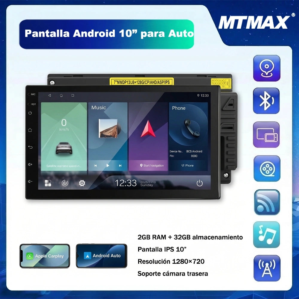 Radio Android 10" para Auto con CarPlay + Bluetooth