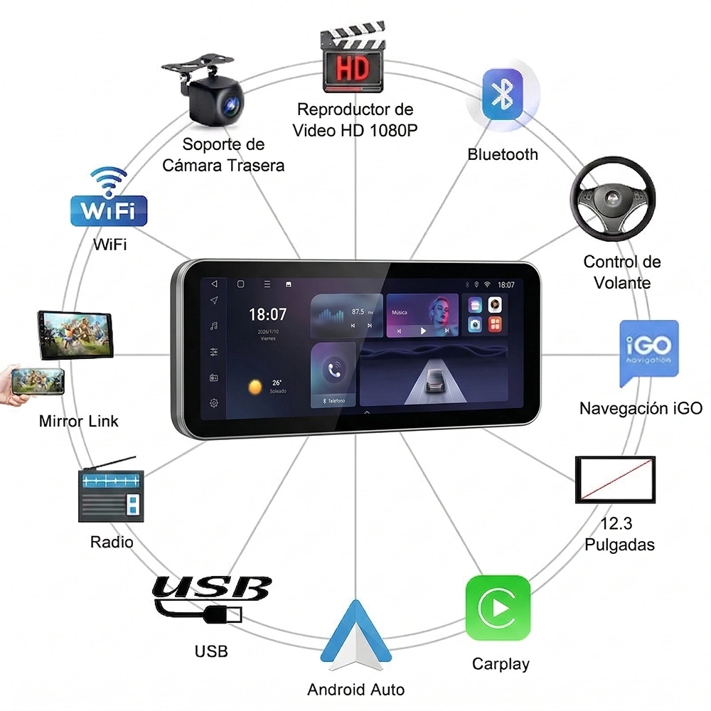 Radio Android 12.3" para Auto con CarPlay + Bluetooth