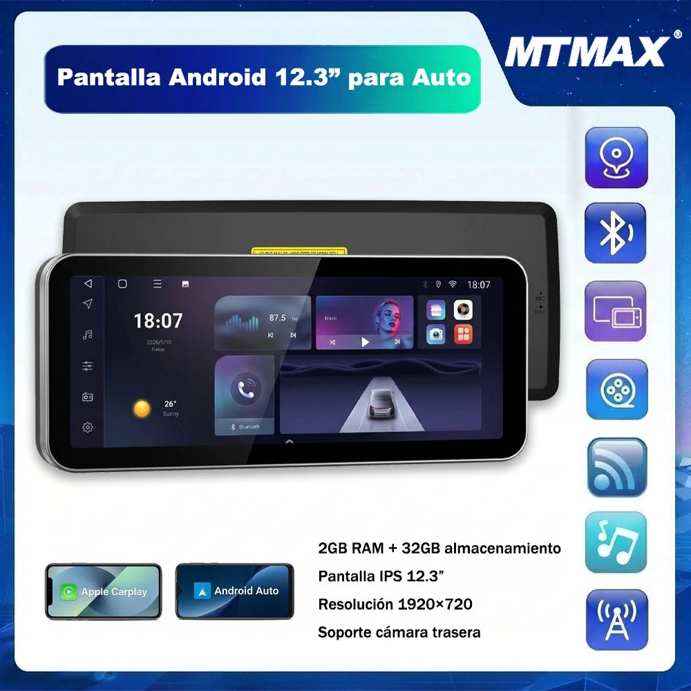 Radio Android 12.3" para Auto con CarPlay + Bluetooth