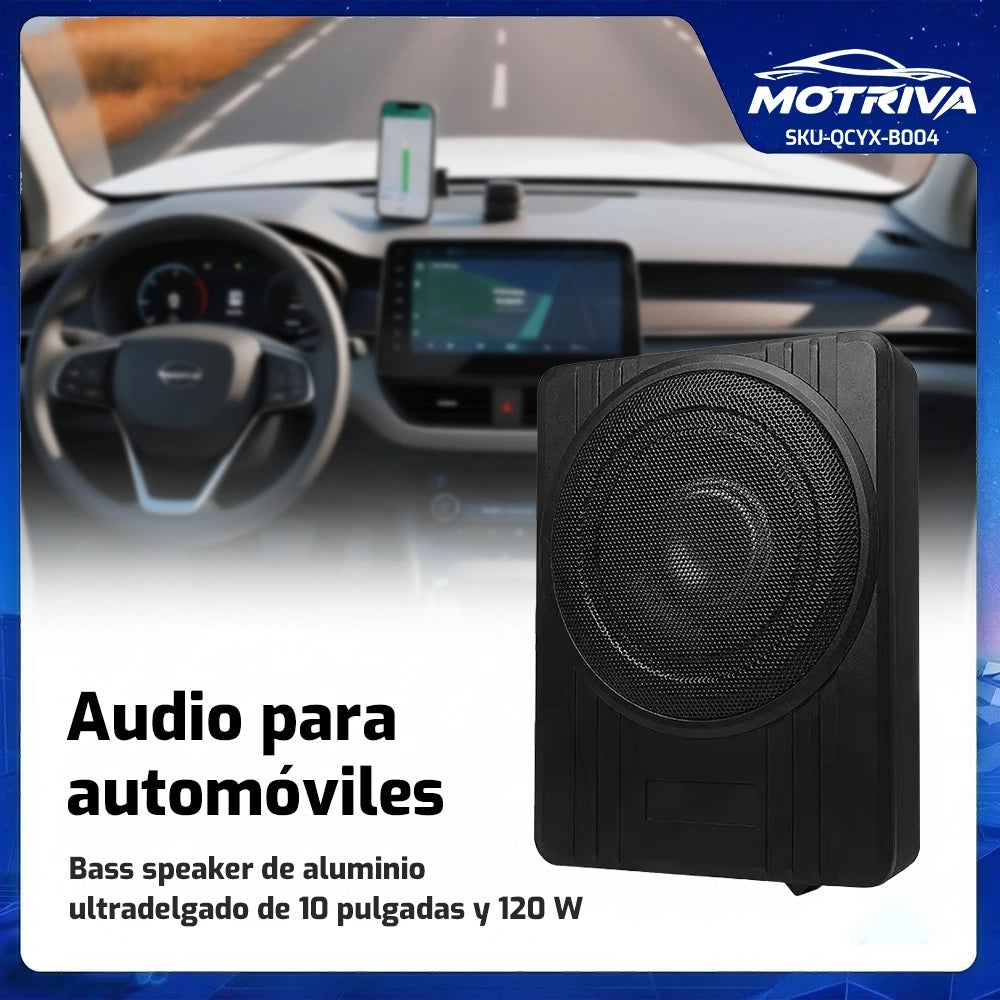 MOTRIVA Subwoofer Activo para Coche 10" 120W | Diseño Extraplano de Aluminio para Debajo del Asiento