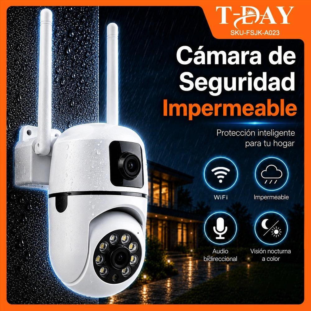 Cámara de Seguridad WiFi T-DAY FSJK-A023 Impermeable con Doble Lente, Visión Nocturna a Color y Audio Bidireccional