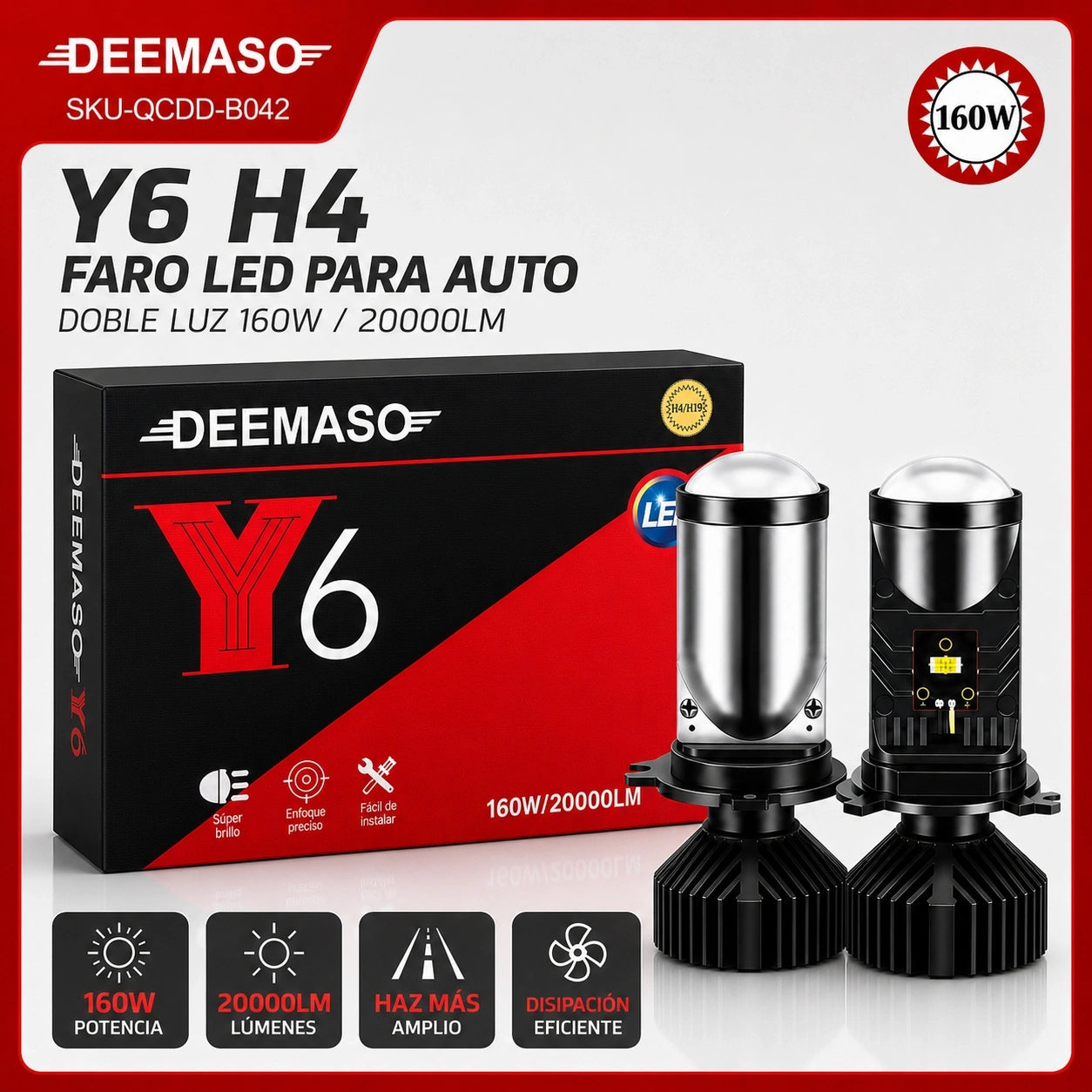 Faro LED Y6 H4 para Auto Doble Luz 160W 20000LM con Lente Grande