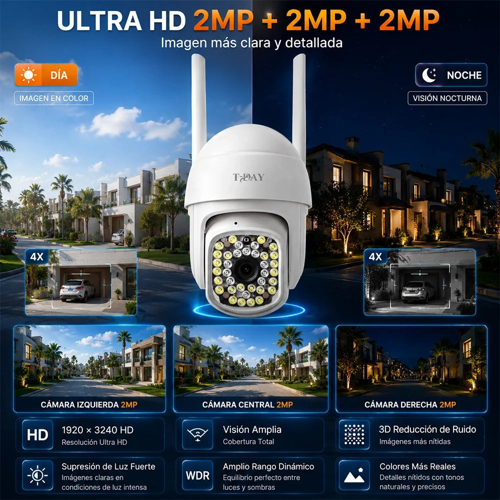 Cámara WiFi T-DAY FSJK-A016 12MP Impermeable con Rotación 360° y Alarma