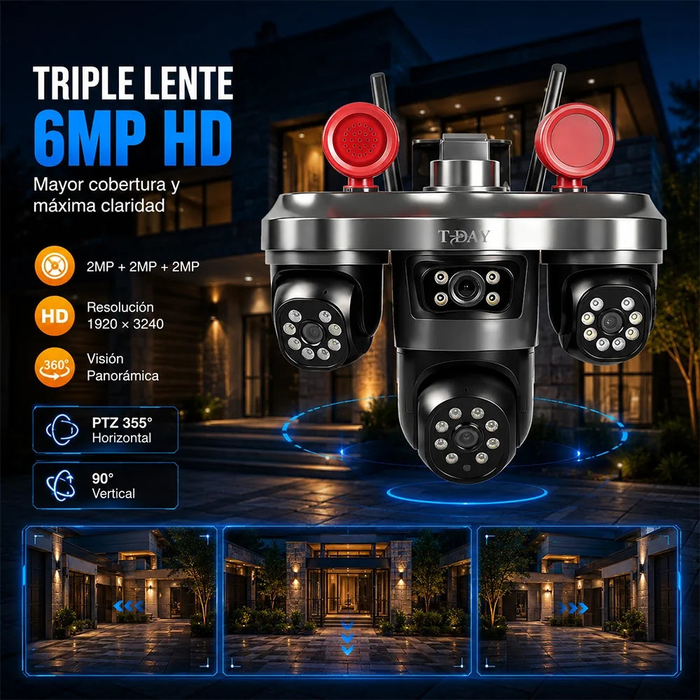 Cámara WiFi T-DAY FSJK-A027 Tres Lentes 4MP con Tres PTZ, Alarma y Parlante