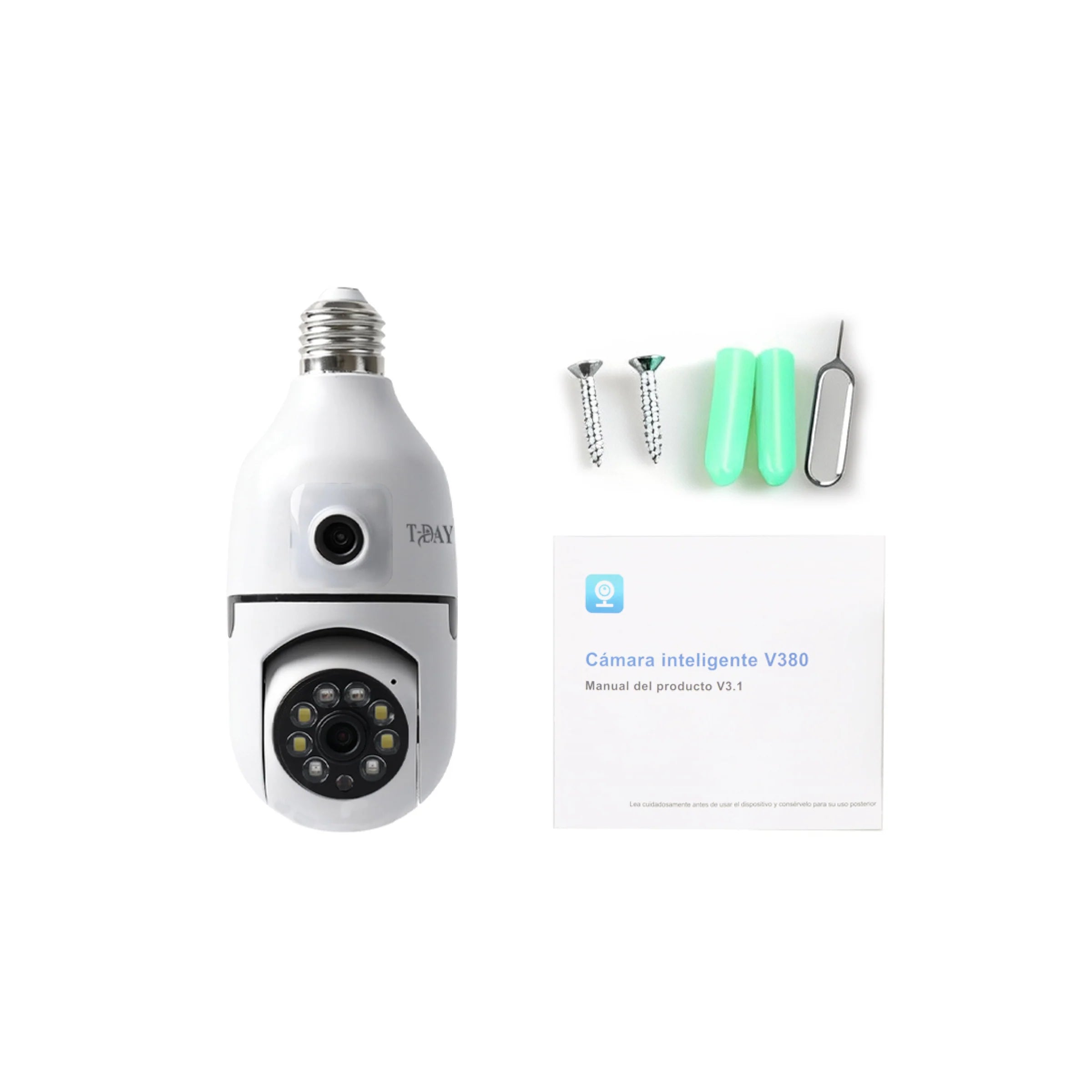 Cámara Bombilla WiFi T-DAY FSJK-A021 2MPX con Doble Lente, Sensor de Movimiento y Visión Nocturna