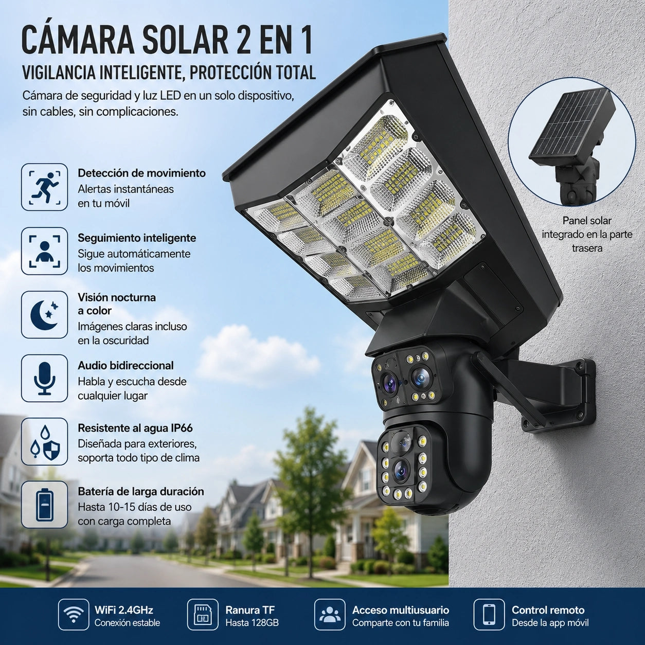 TDAY Cámara Solar 4G V380 TYJK-A007 Tres Lentes con Panel Solar 11W y 240 Luces LED