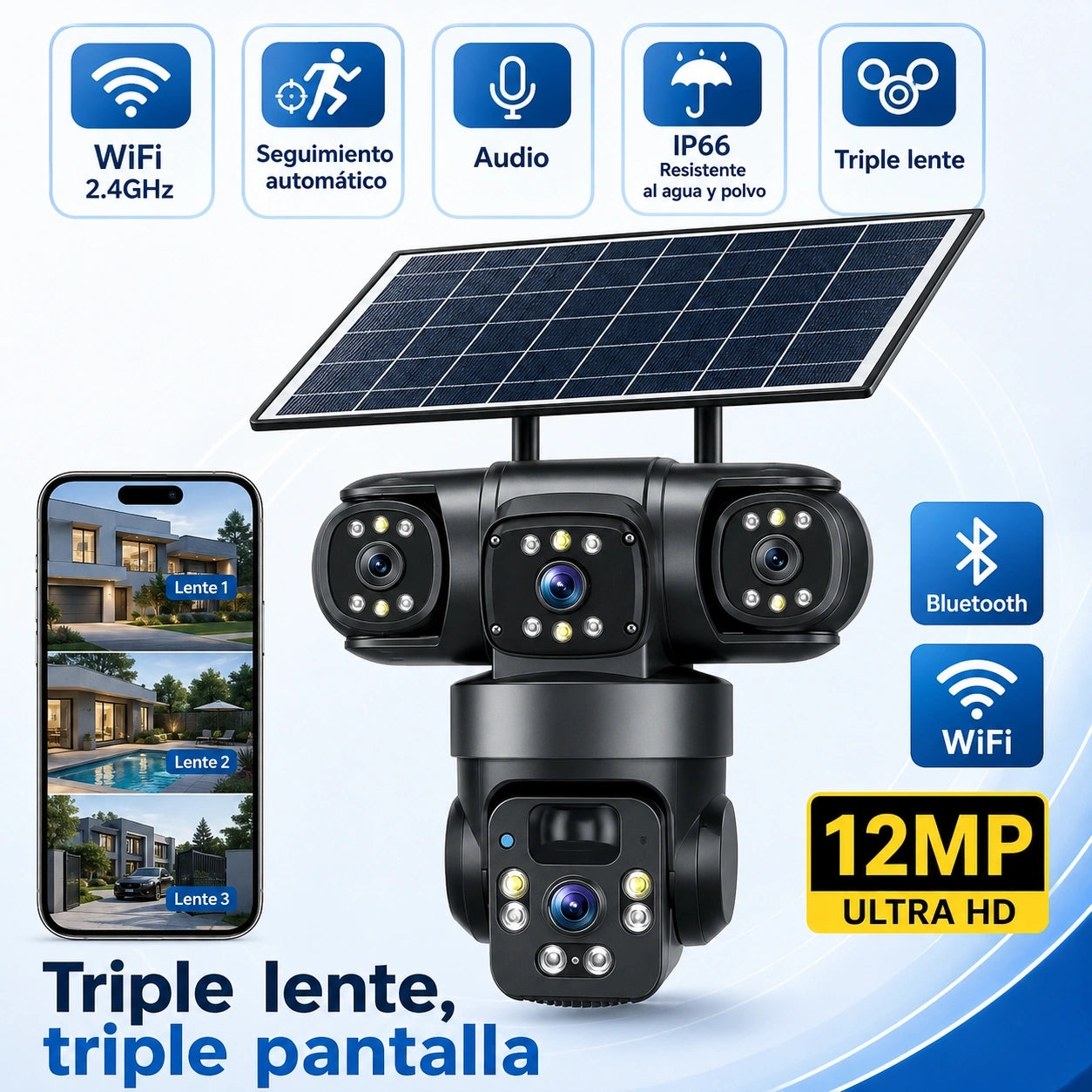 TDAY Cámara Solar 4G V380 Tres Lentes 12MPX TYJK-A006 con Seguimiento de Movimiento y Detección Humana AI