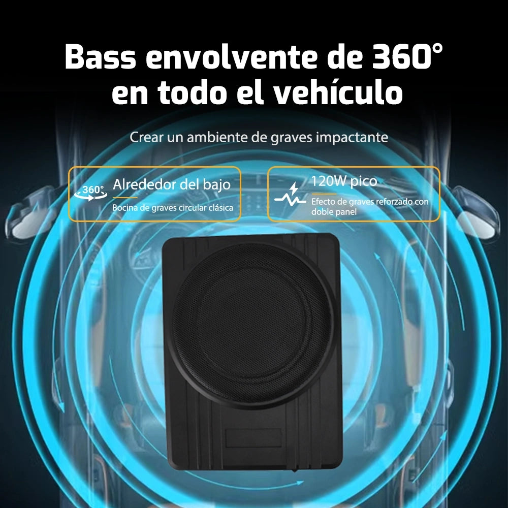 MOTRIVA Subwoofer Activo para Coche 10" 120W | Diseño Extraplano de Aluminio para Debajo del Asiento