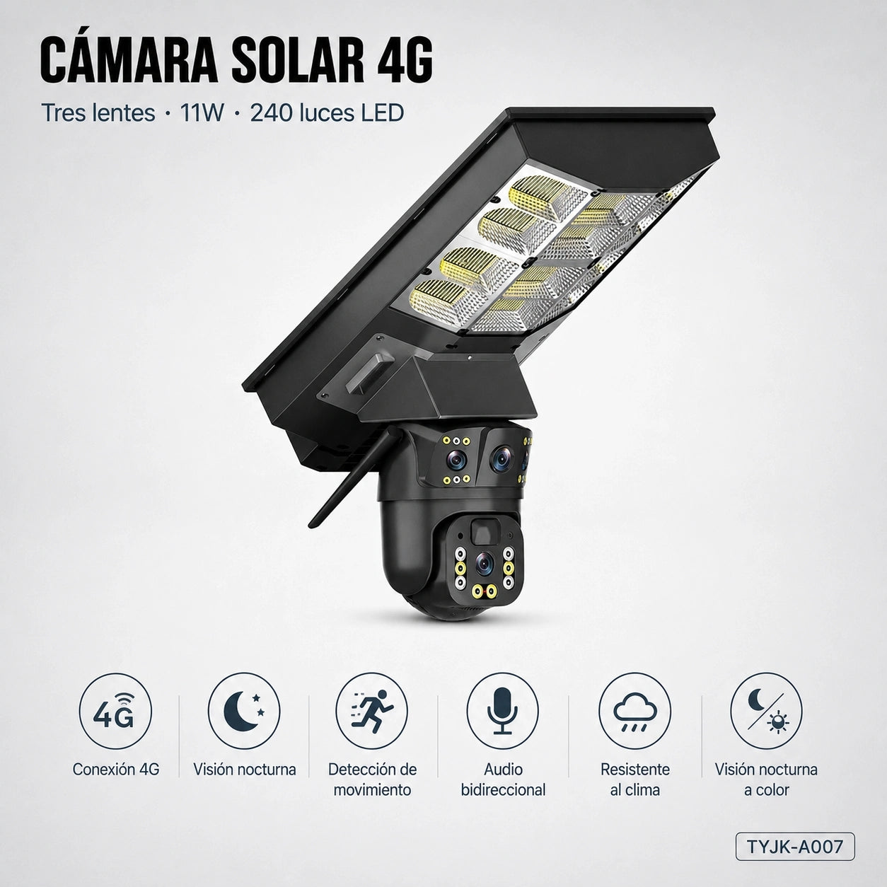TDAY Cámara Solar 4G V380 TYJK-A007 Tres Lentes con Panel Solar 11W y 240 Luces LED