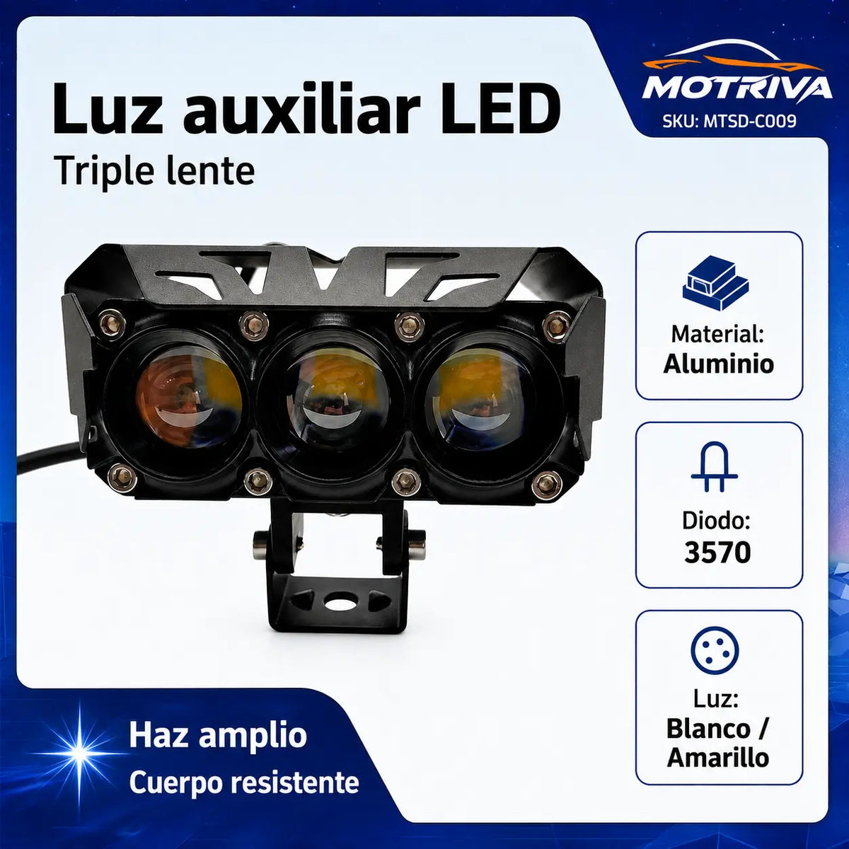 Luz Auxiliar LED MOTRIVA Triple Lente para Motocicleta MTSD-C009