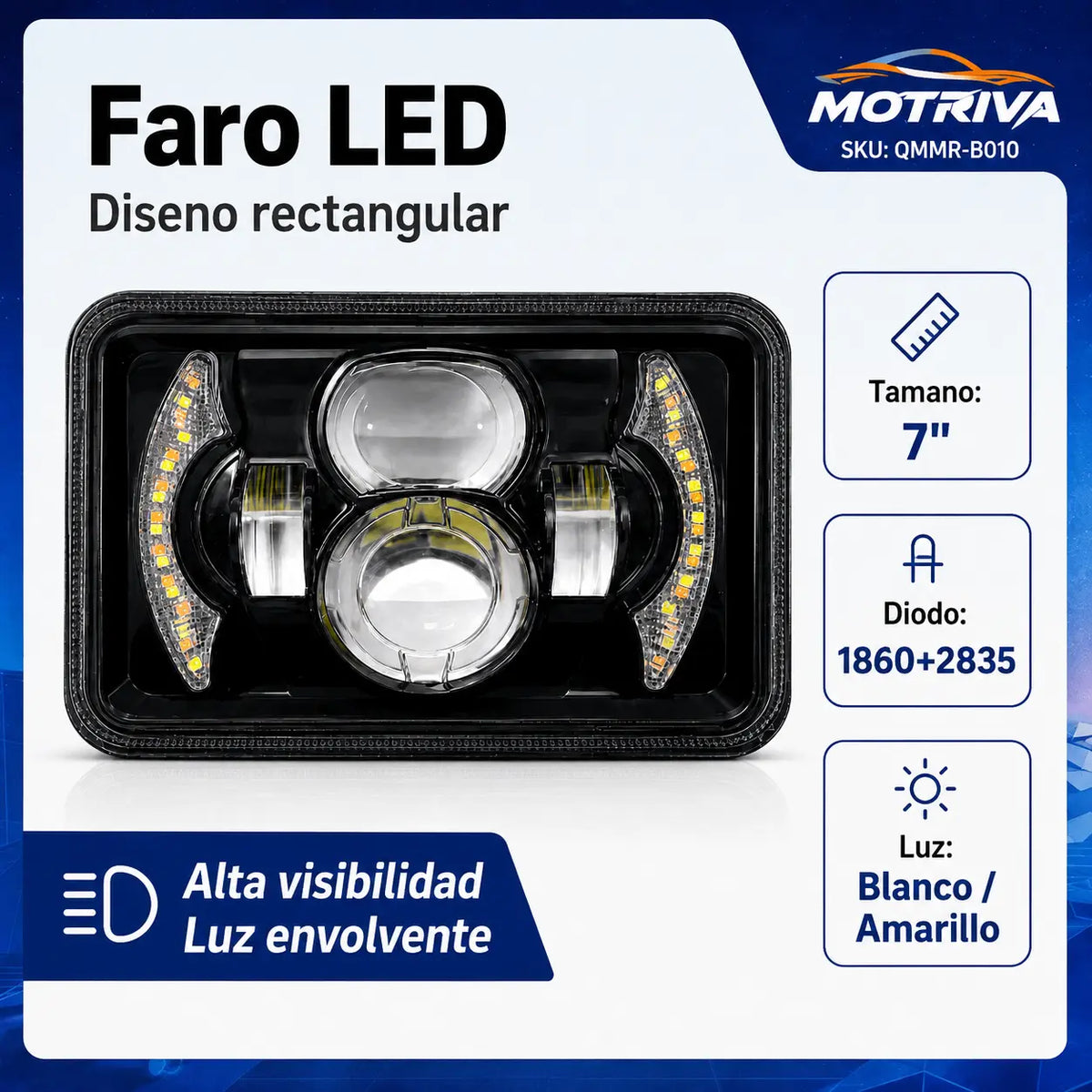 Faro LED Rectangular 7 Pulgadas DEEMASO MOTRIVA Blanco y Amarillo QMMR-B010