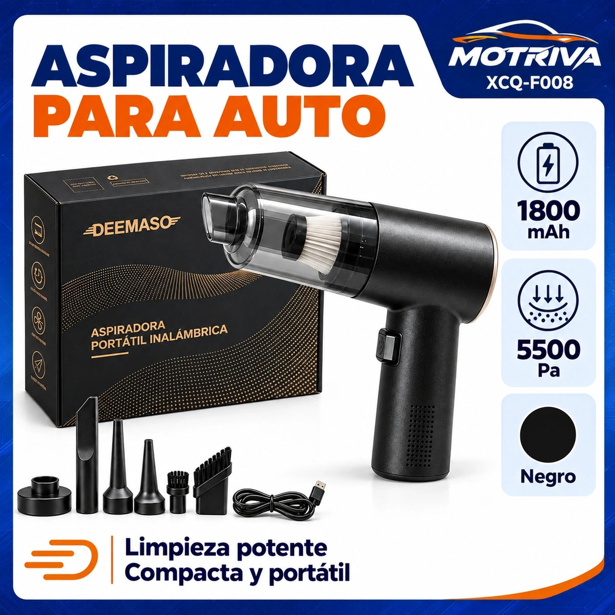 Aspiradora Inalámbrica para Auto MOTRIVA 5500Pa con Batería 1800mAh y Accesorios