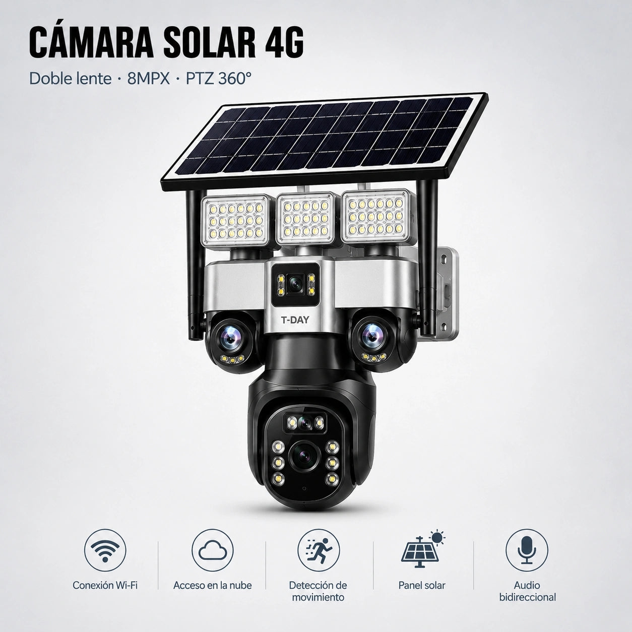 TDAY Cámara Solar 4G 12MPX Tres Lentes TYJK-A005 con 3 Luces de 200W IP67