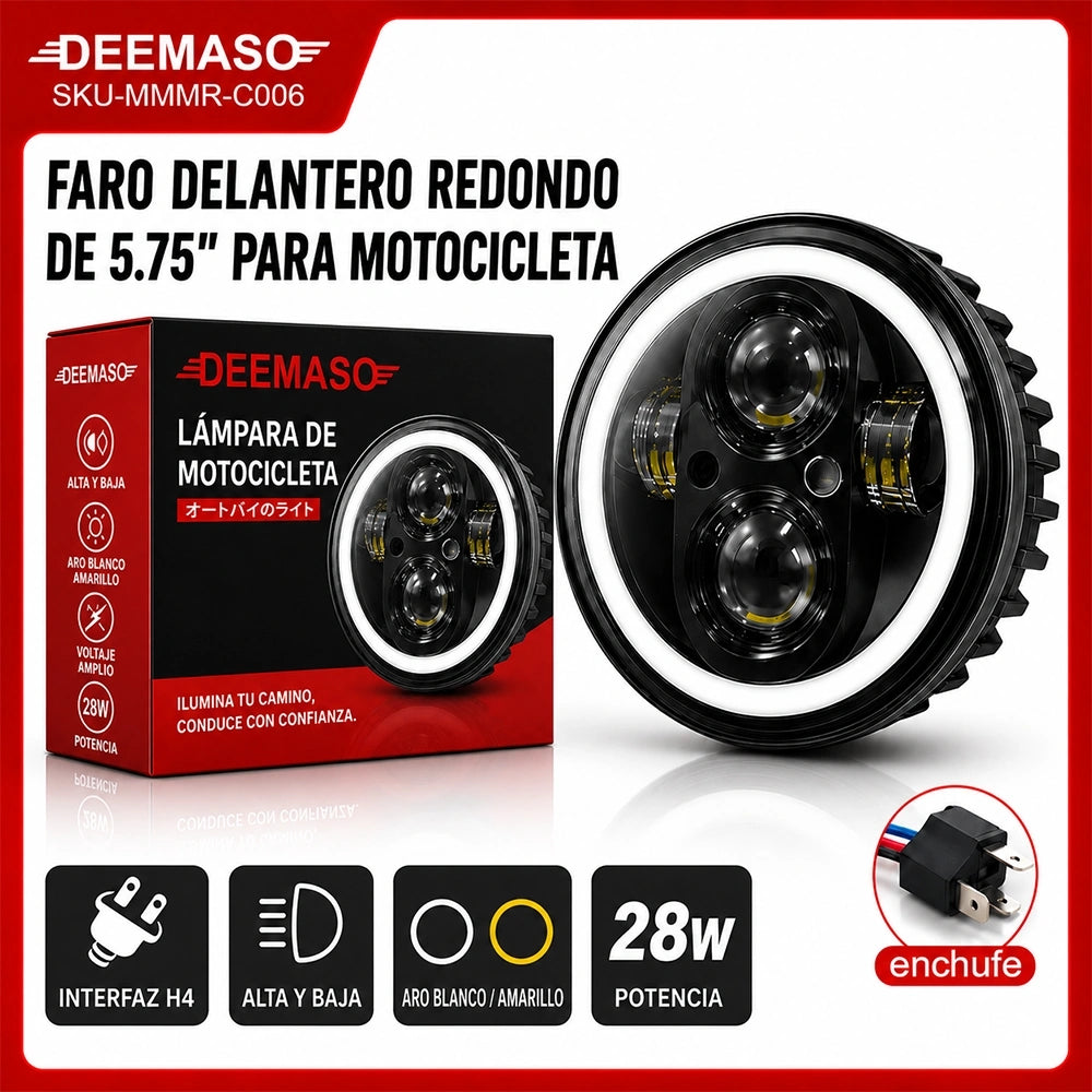 DEEMASO Faro Delantero Redondo 5.75” para Motocicleta 28W H4 Blanco/Amarillo