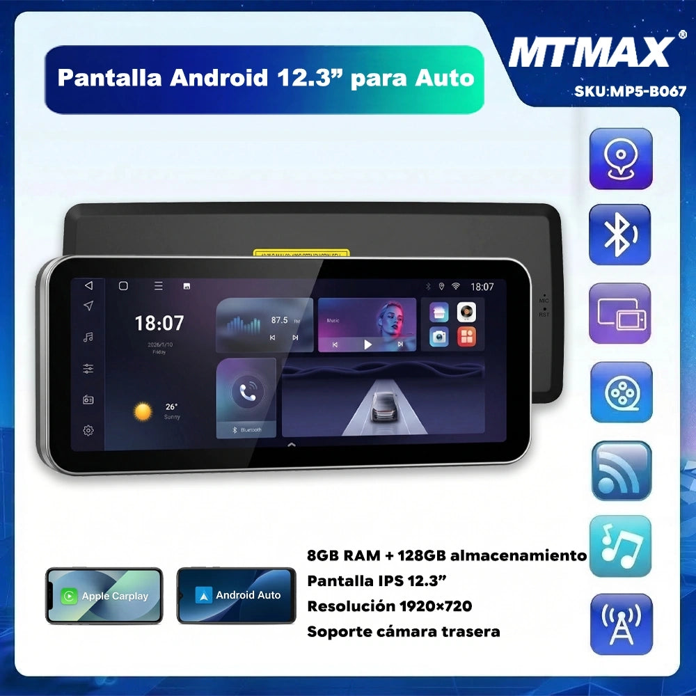 Radio Android 12.3" para Auto con CarPlay + Bluetooth