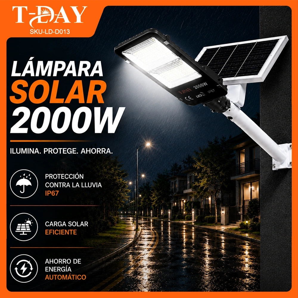 T-DAY Lámpara Solar LED 2000W para Exterior con Panel Solar y Control Remoto