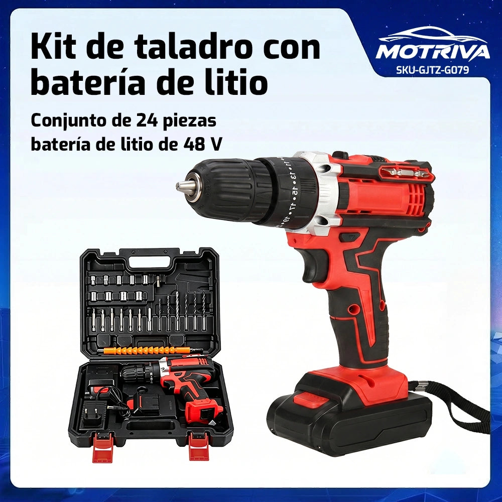 Taladro Inalámbrico 48V con Batería de Litio – Kit Completo 24 Piezas con Maletín | Doble Batería + Función Percusión