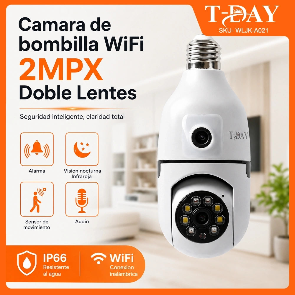 Cámara Bombilla WiFi T-DAY FSJK-A021 2MPX con Doble Lente, Sensor de Movimiento y Visión Nocturna