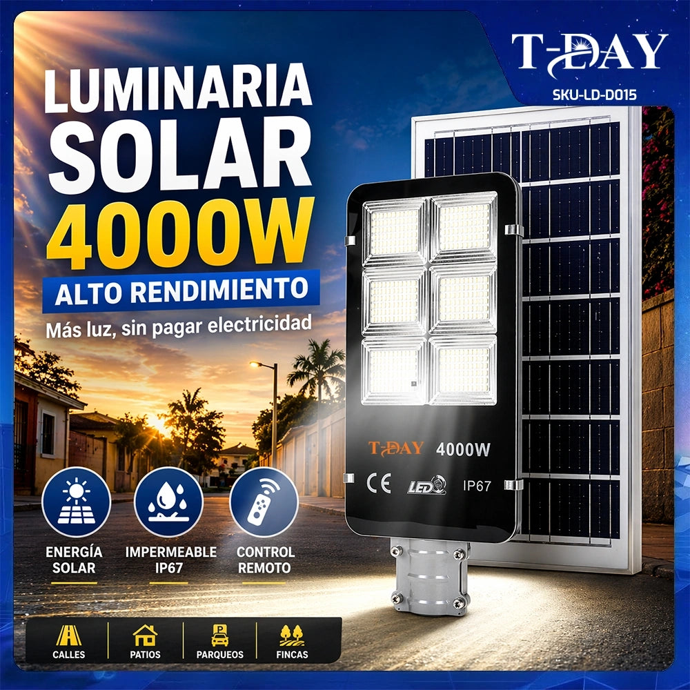 Luminaria Solar LED 4000W para Exterior con Panel Solar y Control Remoto IP67