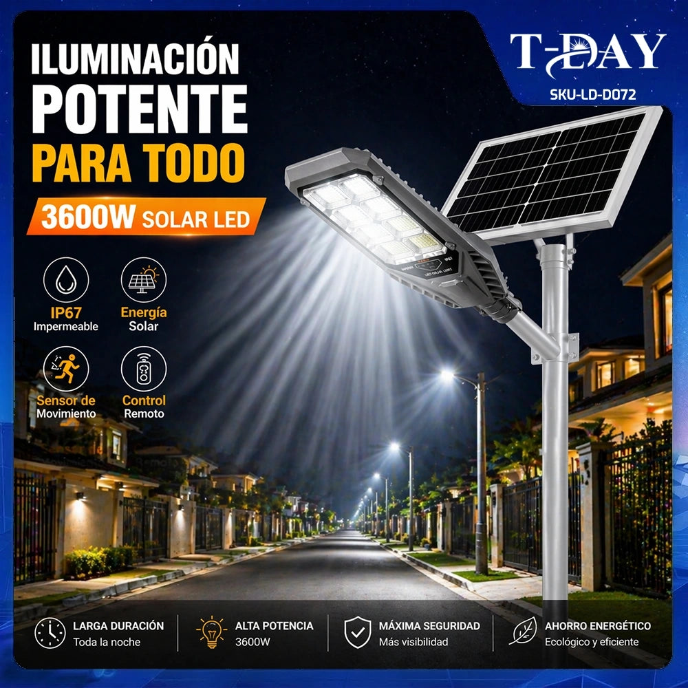 Lámpara Solar LED 3600W con Panel Solar, Sensor de Movimiento y Control Remoto IP67