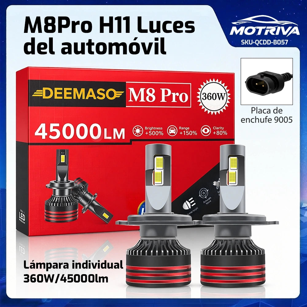 DEEMASO M8Pro H11 Luces LED para Automóvil - 360W 45,000LM, +500% Brillo, +150% Alcance, +80% Claridad, 3 Conectores
