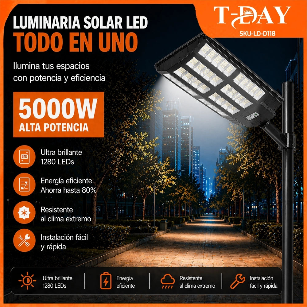 Luminaria Solar LED TDAY 5000W Tipo Tesla Todo en Uno con 1280 LEDs