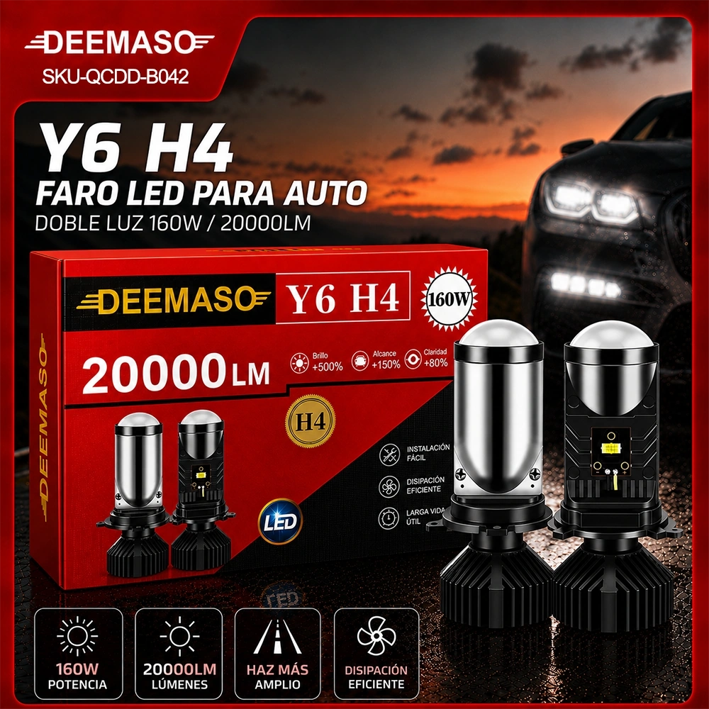 Faro LED Y6 H4 para Auto Doble Luz 160W 20000LM con Lente Grande