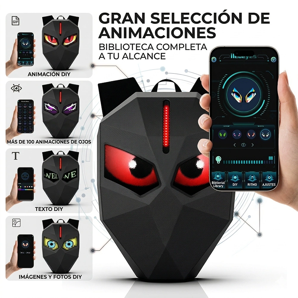 Mochila LED Negra Iron Man Extensible 34L con Pantalla 48x48 Bluetooth Impermeable