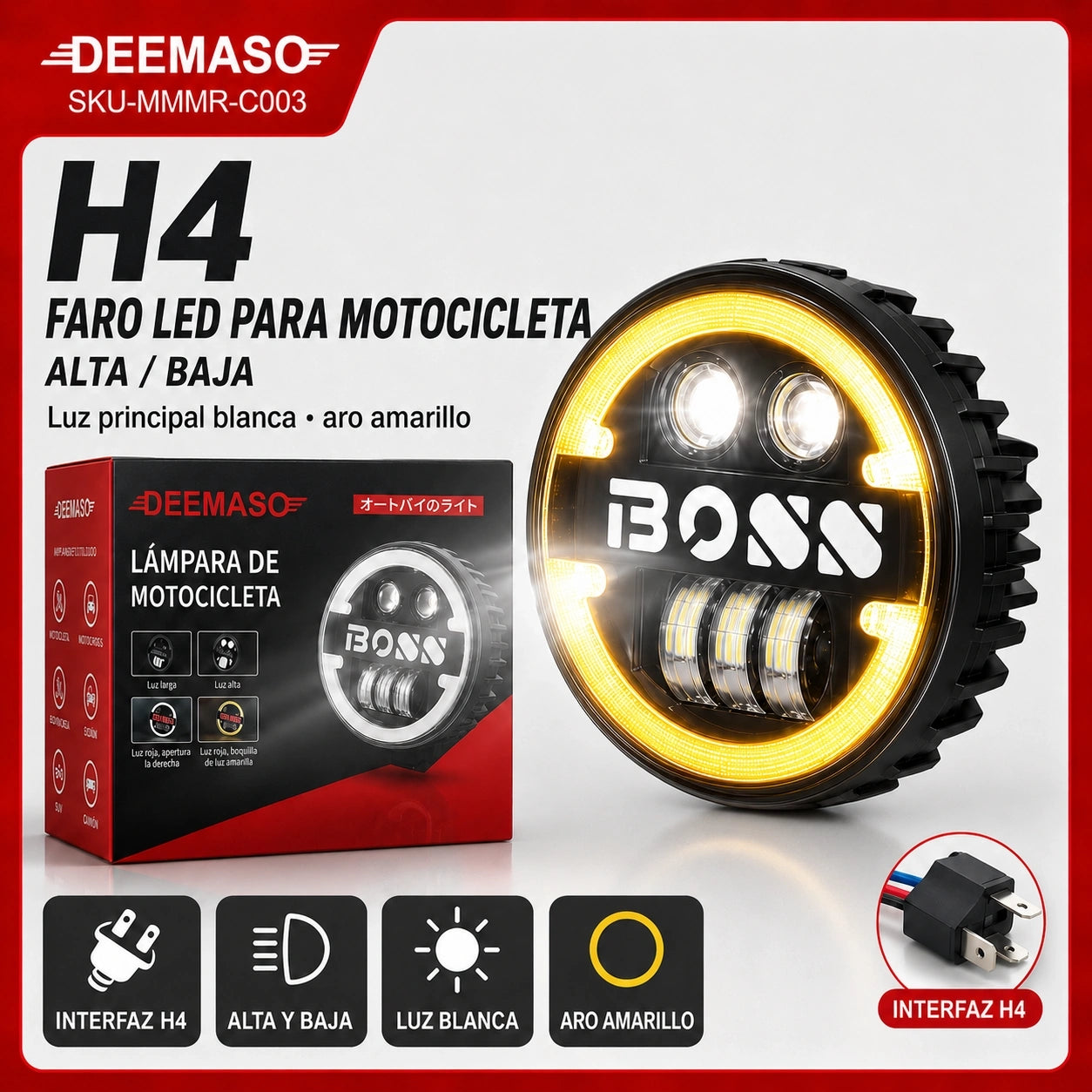 Faro LED H4 para Motocicleta DEEMASO con Alta/Baja, Luz Blanca y Aro Amarillo