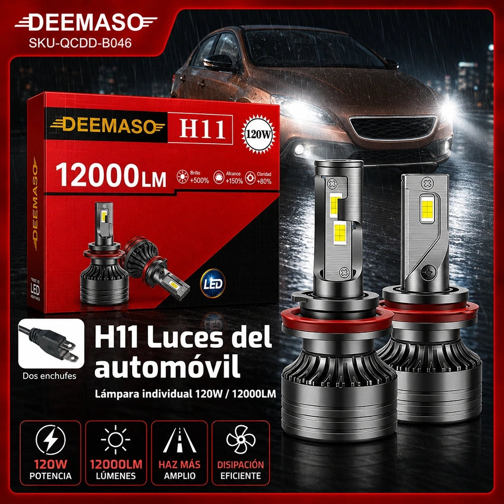 Bombilla LED H11 para Auto, 120W 12000LM, Luz Alta y Baja, Kit de 2 Unidades