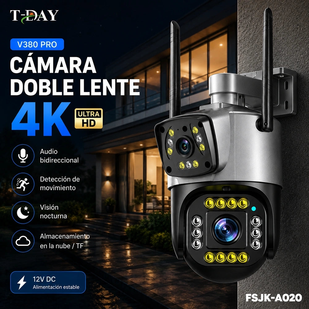 Cámara de Seguridad V380 Pro Doble Lente 4MP con Seguimiento Inteligente y Audio Bidireccional 12V TDAY