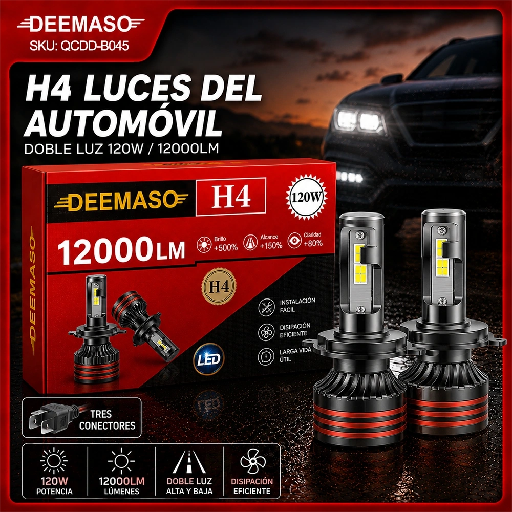 Bombilla LED H4 para Auto, 120W 12000LM, Doble Luz Alta y Baja, Kit de 2 Unidades