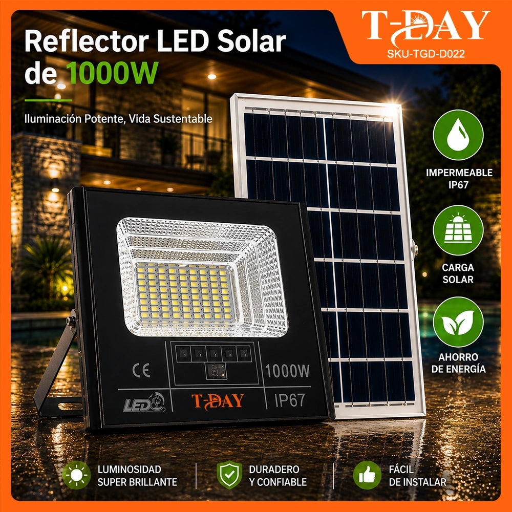 T-DAY Reflector Solar LED 1000W de Aluminio con Control Remoto