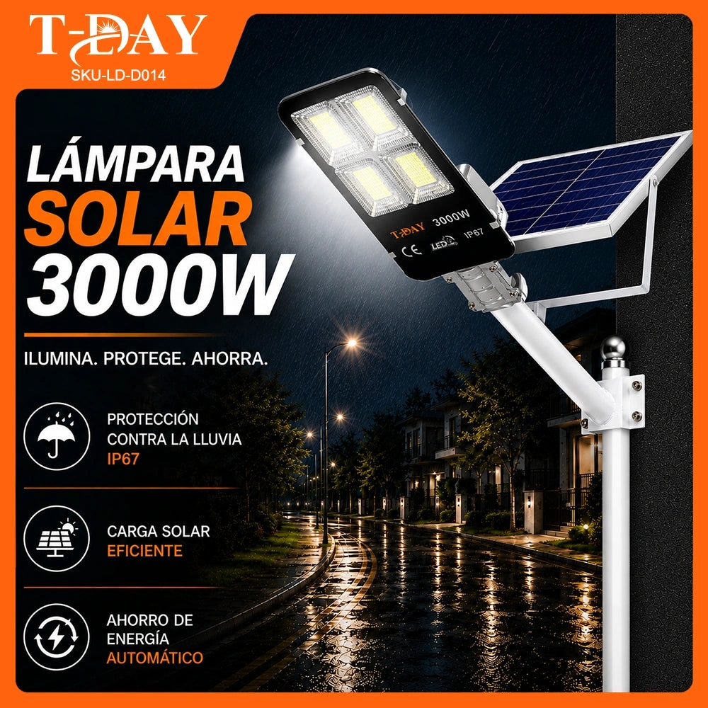 T-DAY Lámpara Solar LED 3000W para Exterior con Panel Solar y Control Remoto