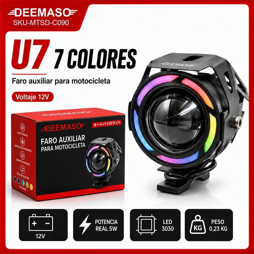 Faro Auxiliar LED U7 de 7 Colores 6W para Motocicleta 12V DEEMASO – MTSD-C090