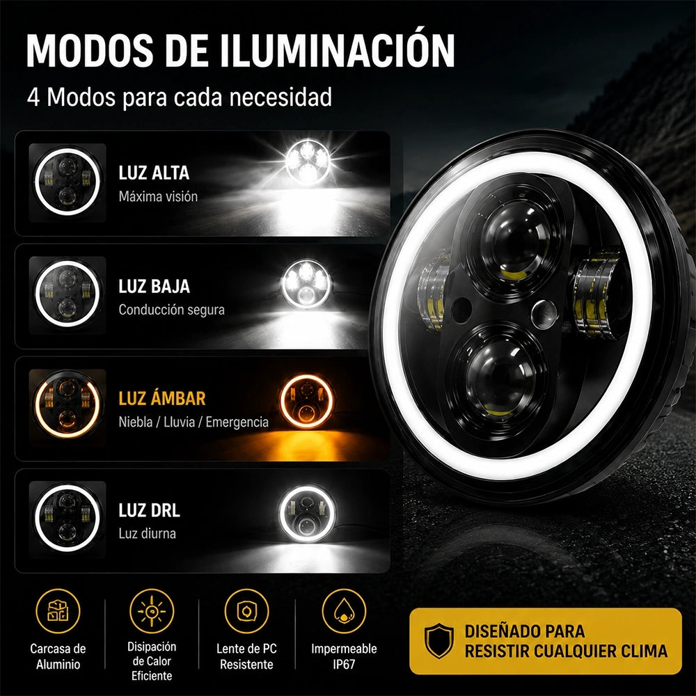 DEEMASO Faro Delantero Redondo 5.75” para Motocicleta 28W H4 Blanco/Amarillo