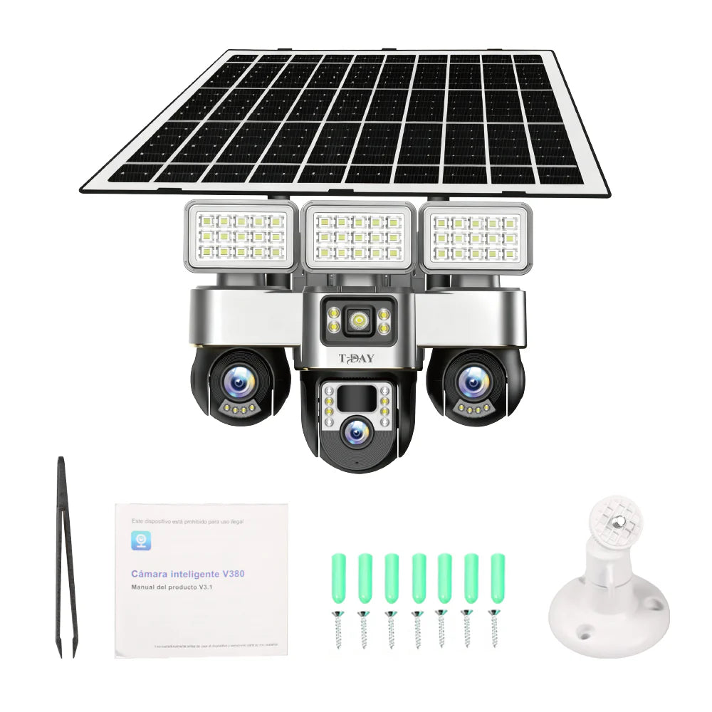 TDAY Cámara Solar 4G 12MPX Tres Lentes TYJK-A005 con 3 Luces de 200W IP67