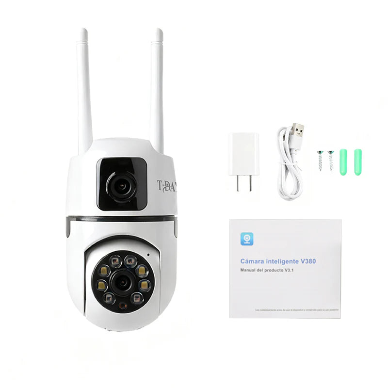 Cámara de Seguridad WiFi T-DAY FSJK-A023 Impermeable con Doble Lente, Visión Nocturna a Color y Audio Bidireccional
