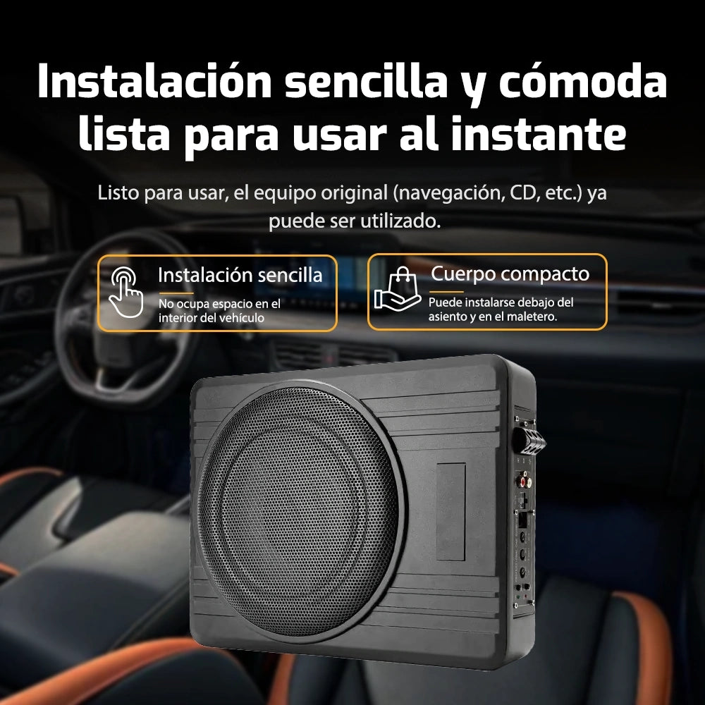 MOTRIVA Subwoofer Activo para Coche 10" 120W | Diseño Extraplano de Aluminio para Debajo del Asiento