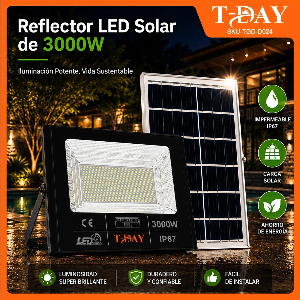 T-DAY Reflector Solar LED 3000W para Exterior con Panel Solar y Control Remoto