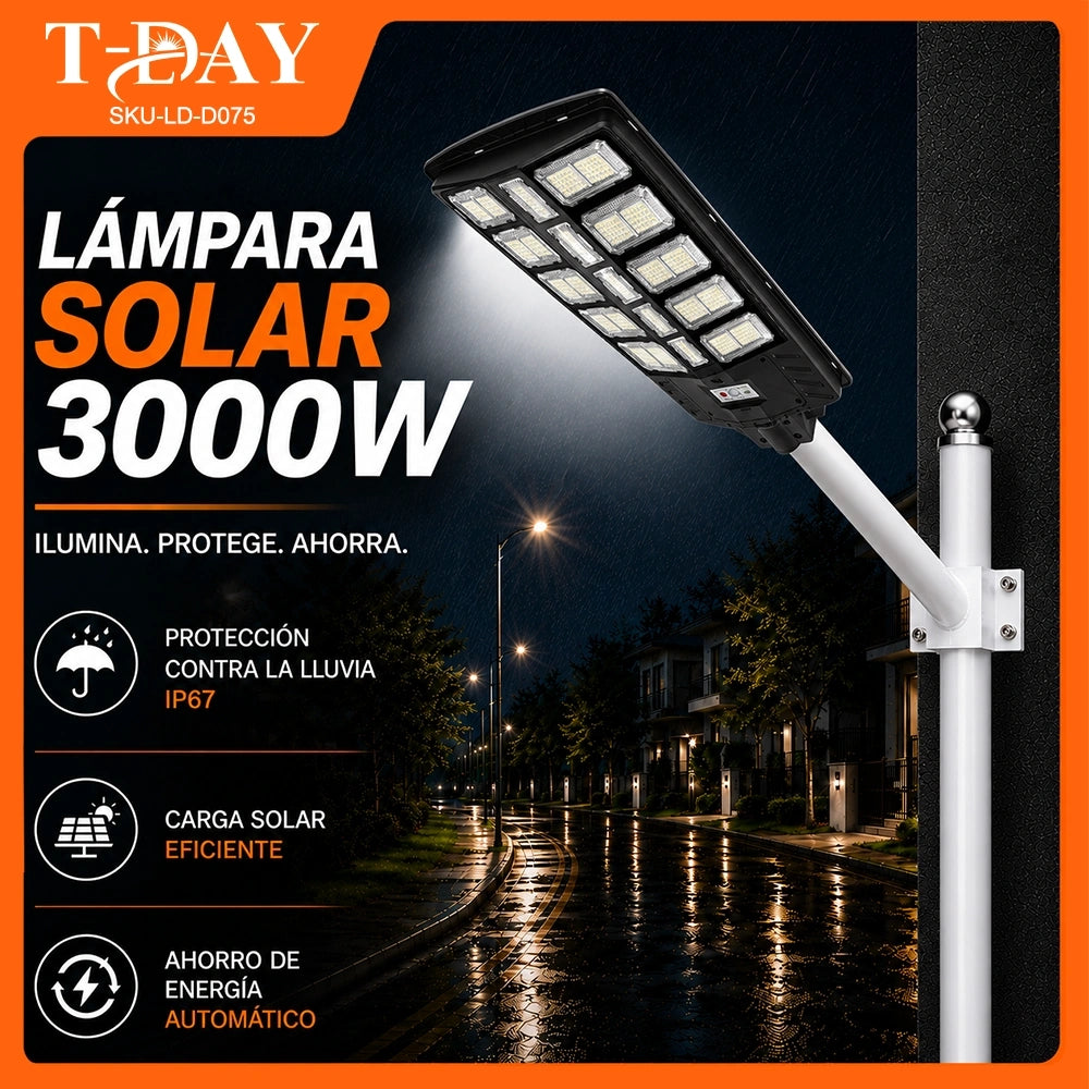 T-DAY Lámpara Solar LED 3000W de Ángulo Amplio para Exterior con Sensor de Movimiento