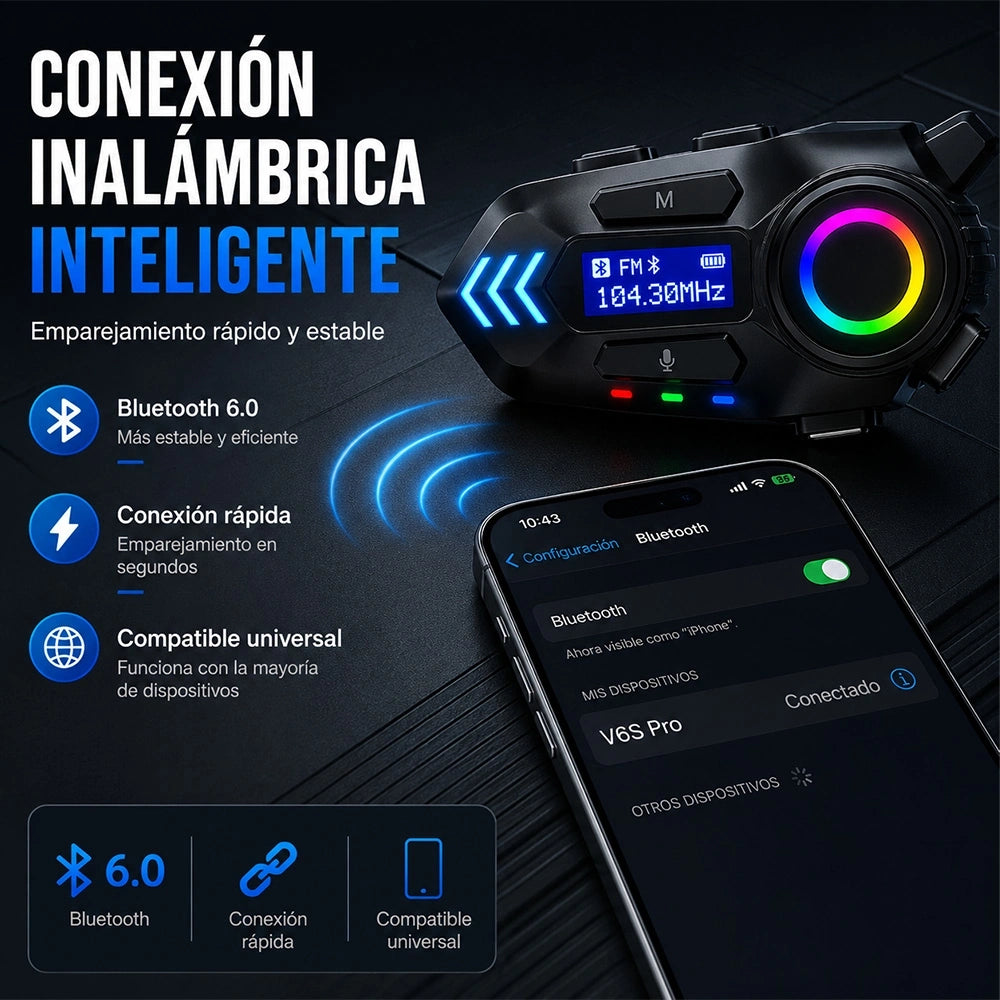 Auricular Bluetooth MTMAX K06A para Casco de Moto con Luz RGB