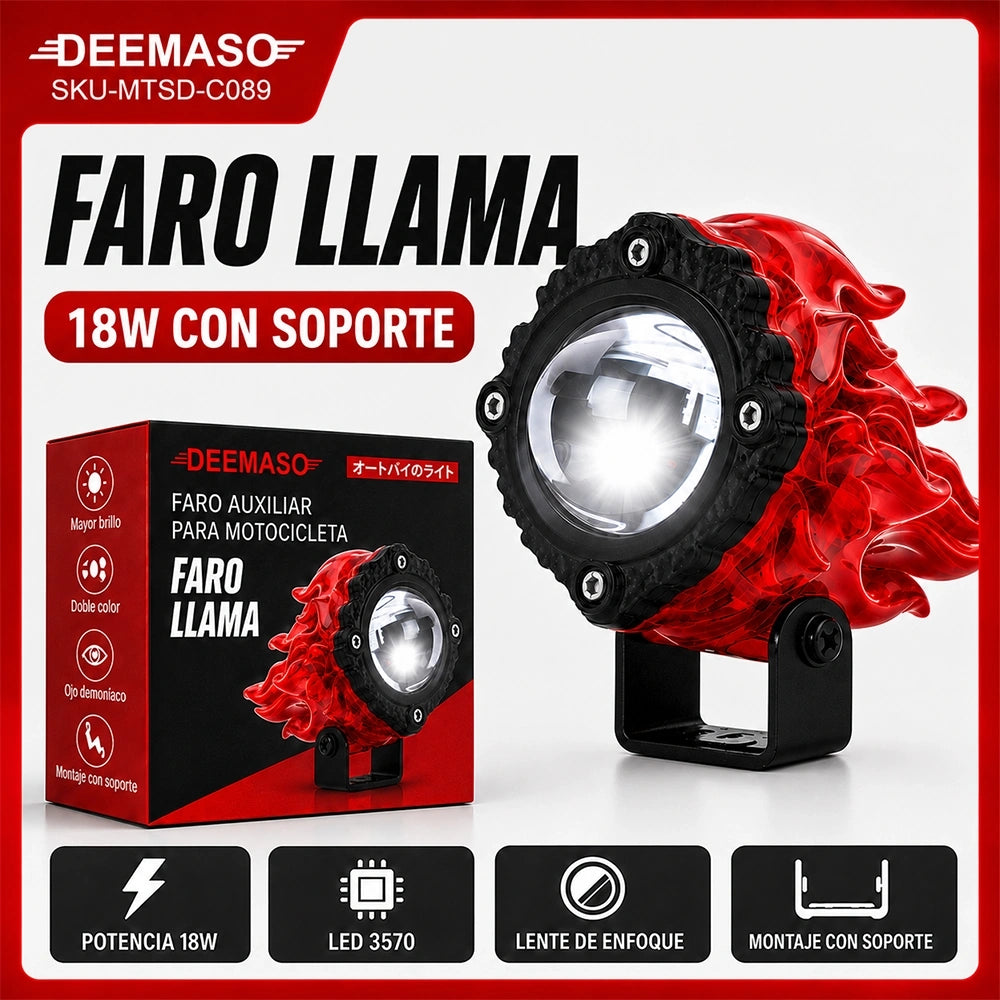 Faro Auxiliar LED Llama 18W con Ojo Demoníaco para Motocicleta DEEMASO – MTSD-C089