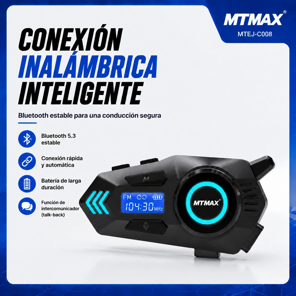 MTMAX MTEJ-C008 Intercomunicador Bluetooth para Moto 500M con Batería de 40H