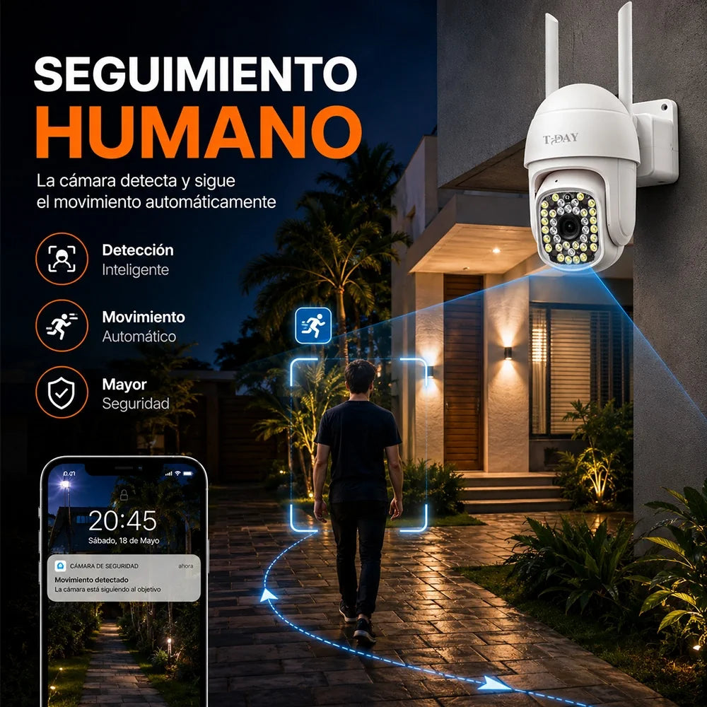 Cámara WiFi T-DAY FSJK-A016 12MP Impermeable con Rotación 360° y Alarma