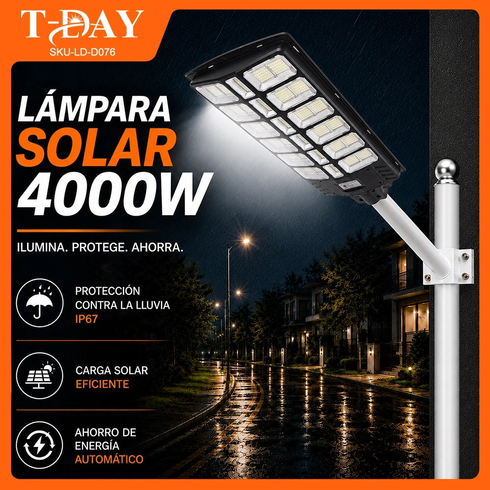 T-DAY Lámpara Solar LED 4000W de Ángulo Amplio para Exterior con Sensor de Movimiento
