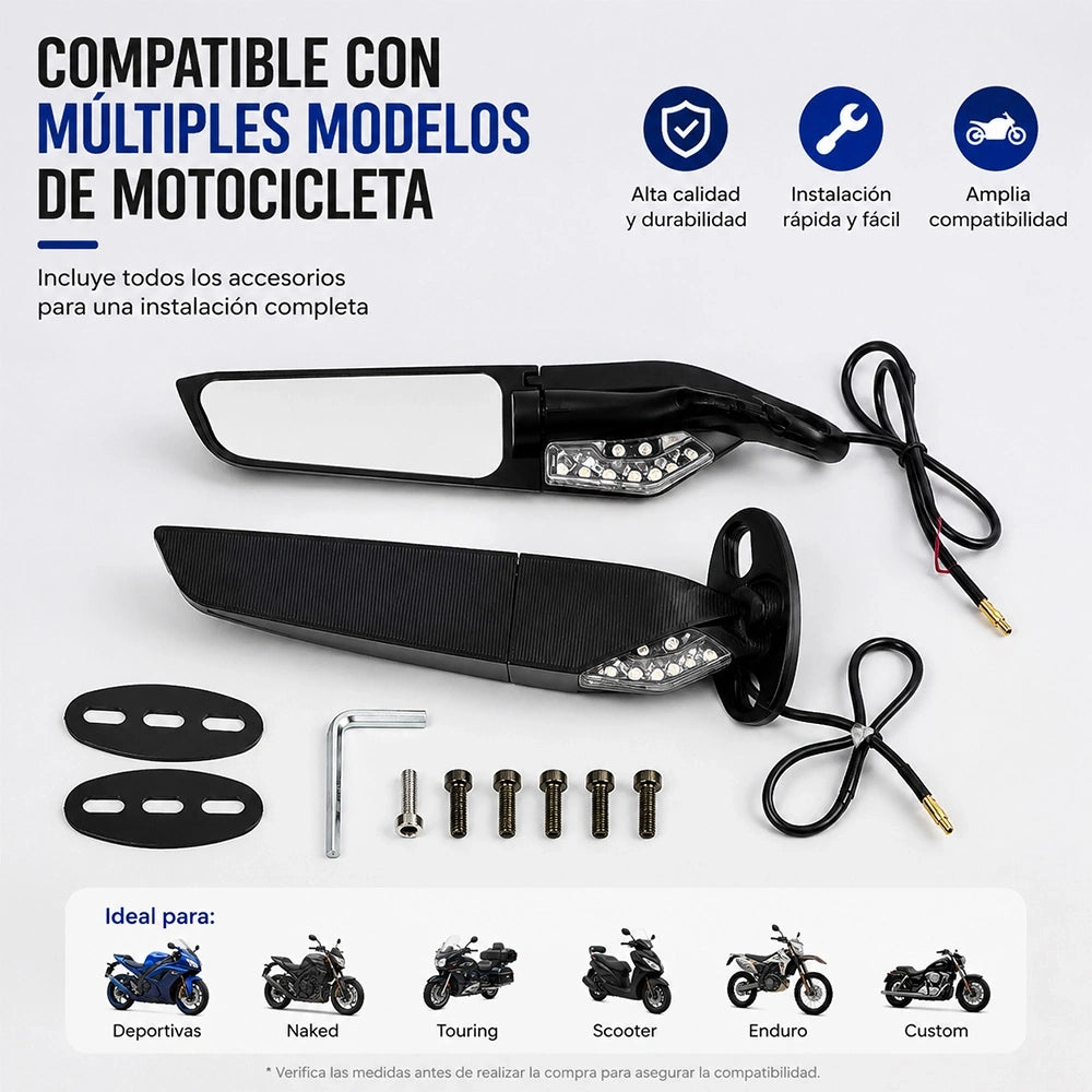 MOTRIVA Espejo Retrovisor para Motocicleta con Luz LED