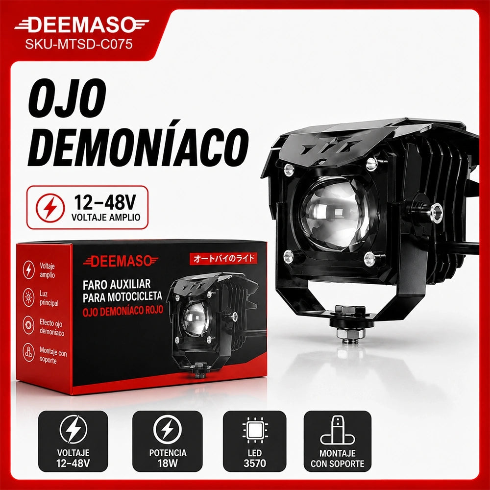 Faro Auxiliar LED Ojo Demoníaco Rojo 18W para Motocicleta 12-48V DEEMASO – MTSD-C075