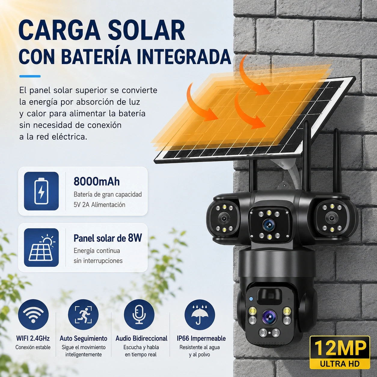 TDAY Cámara Solar 4G V380 Tres Lentes 12MPX TYJK-A006 con Seguimiento de Movimiento y Detección Humana AI