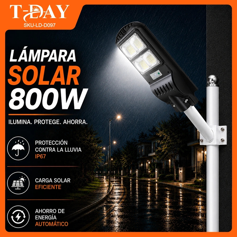 T-DAY Lámpara Solar LED Integrada 800W para Patio Exterior con Sensor de Movimiento